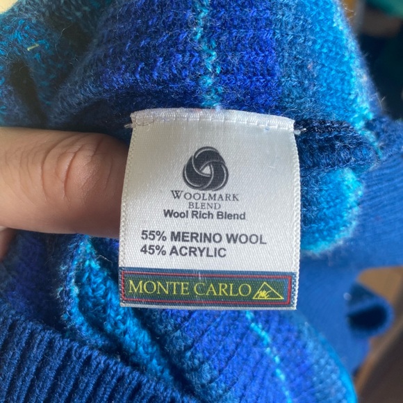 Vintage Monte Carlo Men’s Wool Knit Pattern Blue V-neck Pullover Sweater - Picture 5 of 6